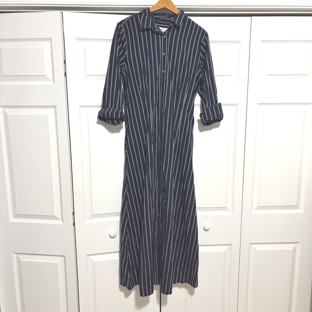 LOFT Shirt Dress Womens 10 Navy Blue White Striped Maxi Long Sleeve Button Front